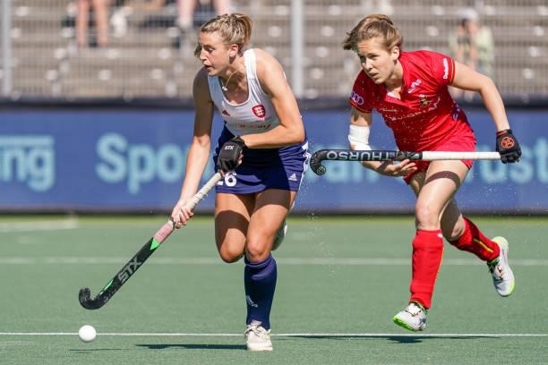 Lily Owsley of England, Judith Vandermeiren of Belgium during the Euro Hockey Championships match between Belgium and England at Wagener Stadion on...