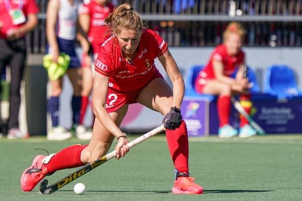 Stephanie Vanden Borre of Belgium during the Euro Hockey Championships match between Belgium and England at Wagener Stadion on June 9, 2021 in...