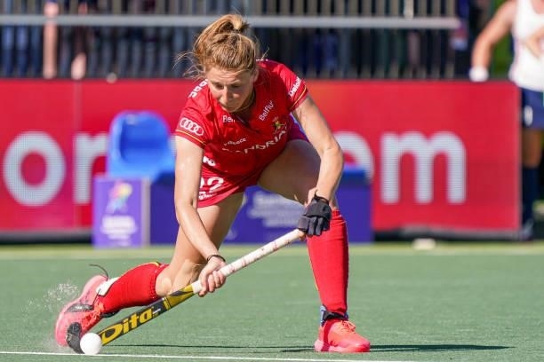 Stephanie Vanden Borre of Belgium during the Euro Hockey Championships match between Belgium and England at Wagener Stadion on June 9, 2021 in...