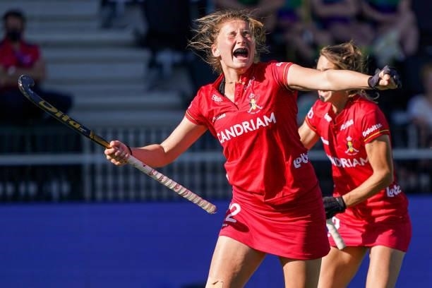 Stephanie Vanden Borre of Belgium scoring her first teams goal during the Euro Hockey Championships match between Belgium and England at Wagener...
