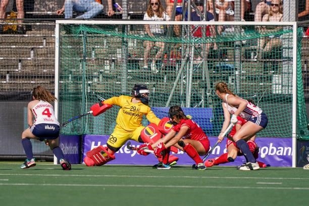 Giselle Ansley of England celebrates after scoring her teams first goal during the Euro Hockey Championships match between Belgium and England at...