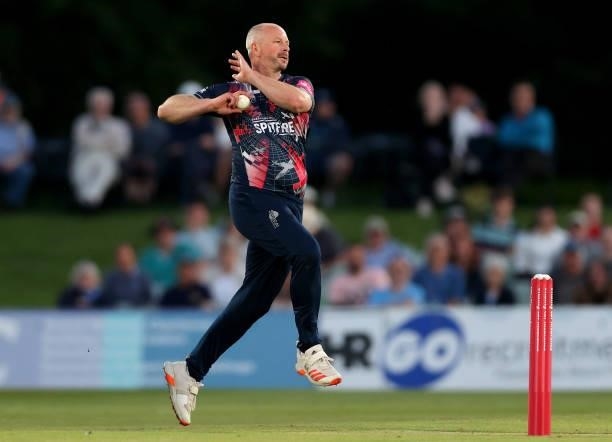 Darren Stevens of Kent bowls during the Vitality T20 Blast match between Kent Spitfires and Hampshire Hawks at The Spitfire Ground on June 09, 2021...