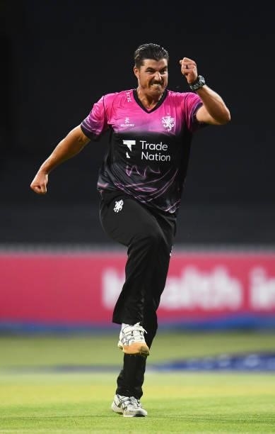 Marchant De Lange of Somerset celebrates after taking the wicket of Jimmy Neesham of Essex during the Vitality T20 Blast match between Somerset and...