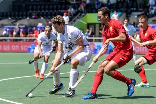 Nicolas de Kerpel of Belgium and Evgeny Artemov of Russia during the Euro Hockey Championships match between Belgium and Russia at Wagener Stadion on...