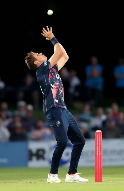 Fred Klaassen of Kent catches out Liam Dawson of Hampshire Hawks during the Vitality T20 Blast match between Kent Spitfires and Hampshire Hawks at...