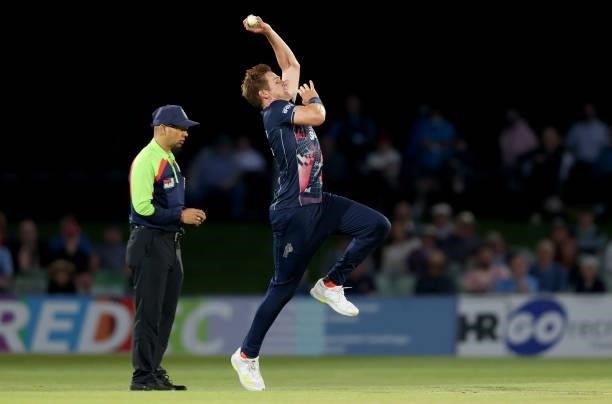 Fred Klaassen of Kent bowls during the Vitality T20 Blast match between Kent Spitfires and Hampshire Hawks at The Spitfire Ground on June 09, 2021 in...