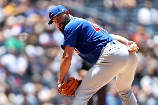 Jake Arrieta of the Chicago Cubs pitches during the second inning of a game against the San Diego Padres at PETCO Park on June 09, 2021 in San Diego,...