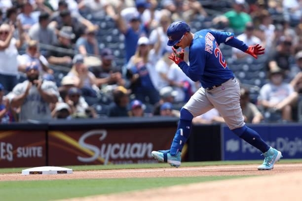Joc Pederson of the Chicago Cubs does a double step prior to rounding third base after hitting a solo homerun during the fourth inning of a game...