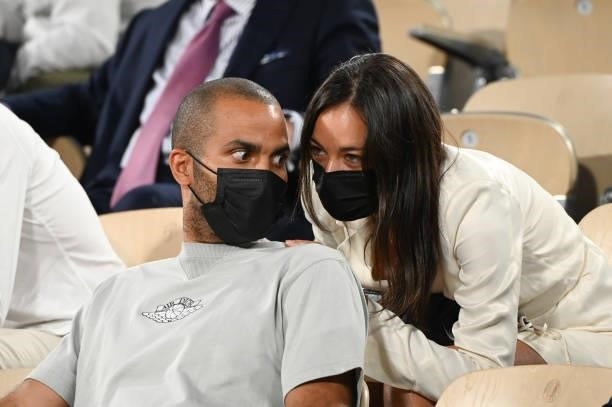 Tony Parker and Alizé Lim attend the French Open 2021 at Roland Garros on June 09, 2021 in Paris, France.