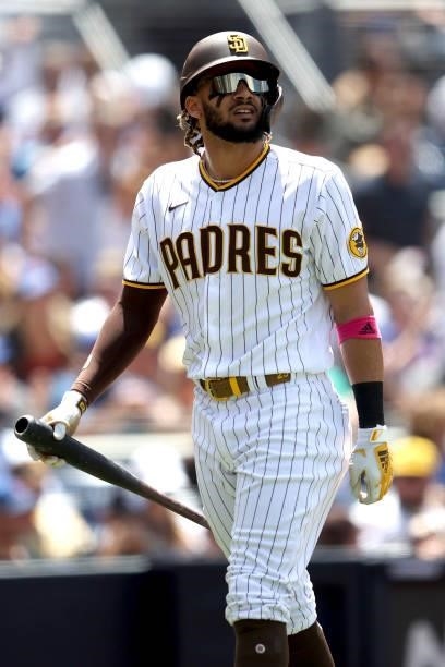 Fernando Tatis Jr. #23 of the San Diego Padres strikes out during the third inning of a game against the Chicago Cubs at PETCO Park on June 09, 2021...