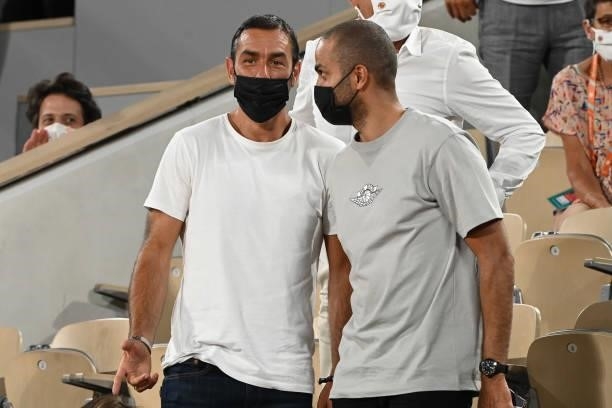 Robert Pires and Tony Parker attend the French Open 2021 at Roland Garros on June 09, 2021 in Paris, France.
