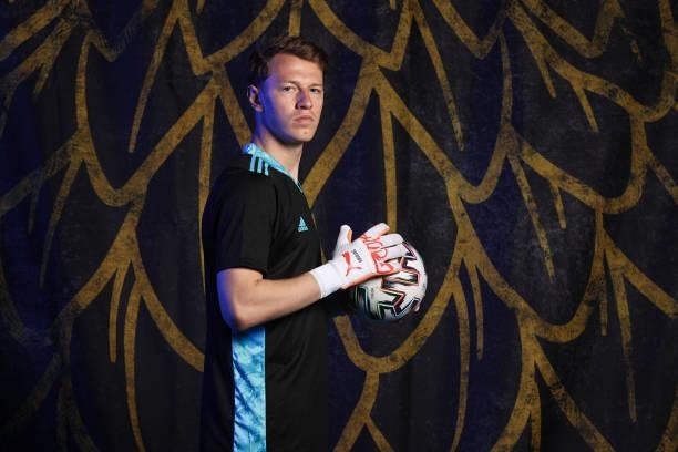 Matvei Safonov of Russia poses during the official UEFA Euro 2020 media access day at The Novogorsk Training Center on June 08, 2021 in Moscow,...