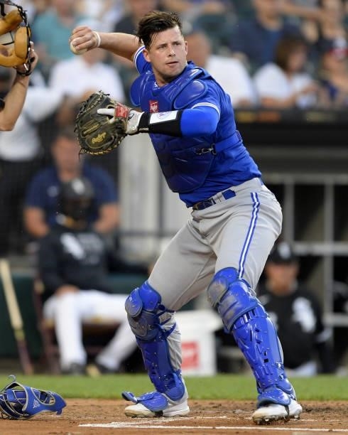 Riley Adams of the Toronto Blue Jays catches while making his Major League debut against the Chicago White Sox on June 8, 2021 at Guaranteed Rate...