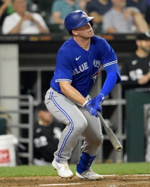 Riley Adams of the Toronto Blue Jays hits a double for his first hit while making his Major League debut against the Chicago White Sox on June 8,...
