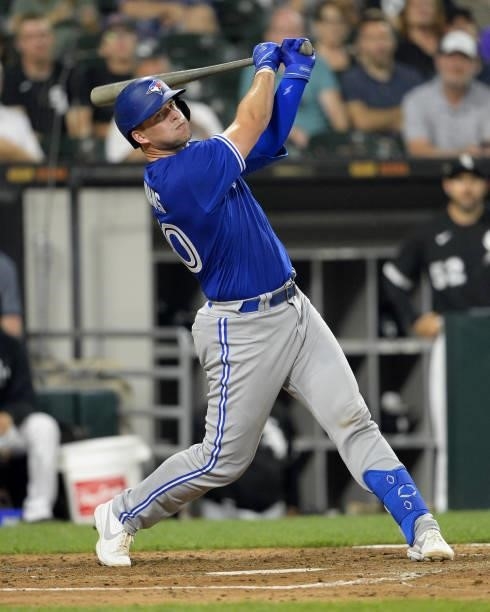 Riley Adams of the Toronto Blue Jays bats while making his Major League debut against the Chicago White Sox on June 8, 2021 at Guaranteed Rate Field...