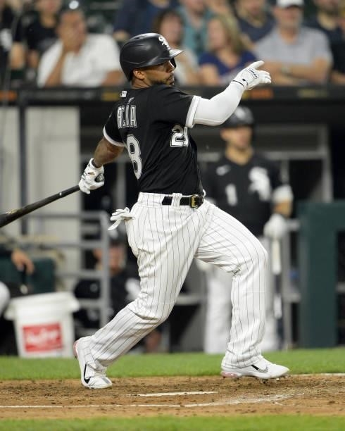 Leury Garcia of the Chicago White Sox hits a triple against the Toronto Blue Jays on June 8, 2021 at Guaranteed Rate Field in Chicago, Illinois.
