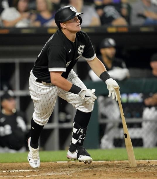 Andrew Vaughn of the Chicago White Sox hits a solo home run in the seventh inning against the Toronto Blue Jays on June 8, 2021 at Guaranteed Rate...