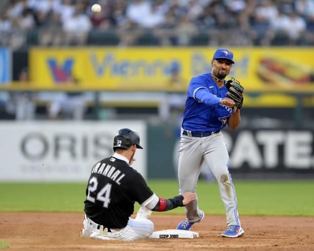 Marcus Semien of the Toronto Blue Jays fields against the Chicago White Sox on June 8, 2021 at Guaranteed Rate Field in Chicago, Illinois.