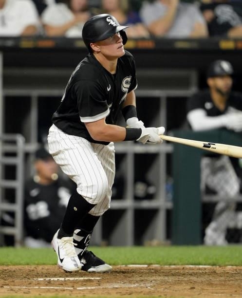 Andrew Vaughn of the Chicago White Sox hits a solo home run in the seventh inning against the Toronto Blue Jays on June 8, 2021 at Guaranteed Rate...