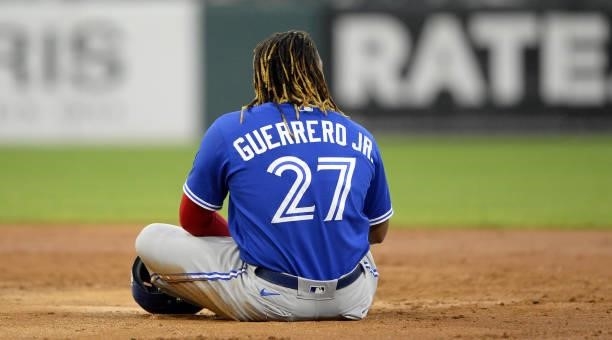 Vladimir Guerrero Jr. #27 of the Toronto Blue Jays looks on against the Chicago White Sox on June 8, 2021 at Guaranteed Rate Field in Chicago,...