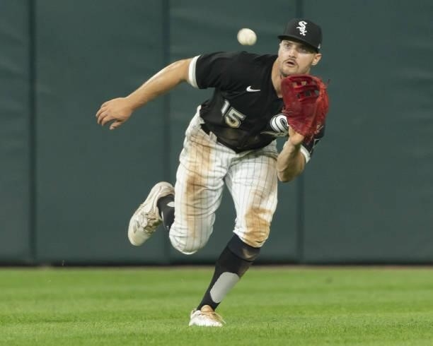 Adam Engel of the Chicago White Sox makes a running catch against the Toronto Blue Jays on June 8, 2021 at Guaranteed Rate Field in Chicago, Illinois.