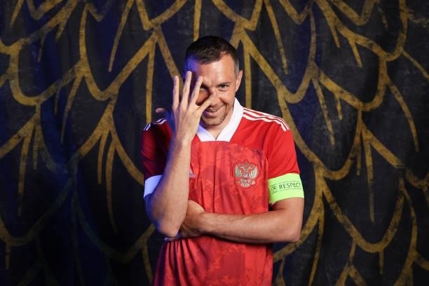 Artem Dzyuba of Russia poses during the official UEFA Euro 2020 media access day at The Novogorsk Training Center on June 08, 2021 in Moscow, Russia.