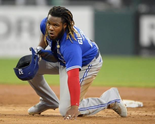 Vladimir Guerrero Jr. #27 of the Toronto Blue Jays looks on against the Chicago White Sox on June 8, 2021 at Guaranteed Rate Field in Chicago,...