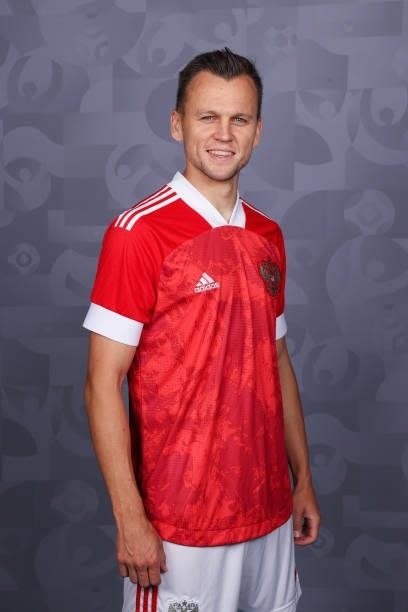 Denis Cheryshev of Russia poses during the official UEFA Euro 2020 media access day at The Novogorsk Training Centre on June 08, 2021 in Moscow,...