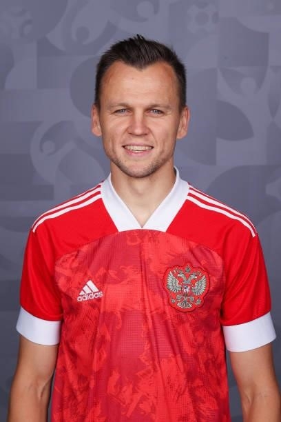 Denis Cheryshev of Russia poses during the official UEFA Euro 2020 media access day at The Novogorsk Training Centre on June 08, 2021 in Moscow,...