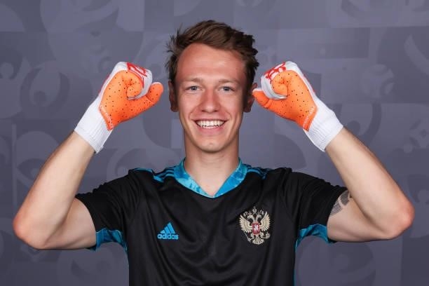 Matvei Safonov of Russia poses during the official UEFA Euro 2020 media access day at The Novogorsk Training Centre on June 08, 2021 in Moscow,...