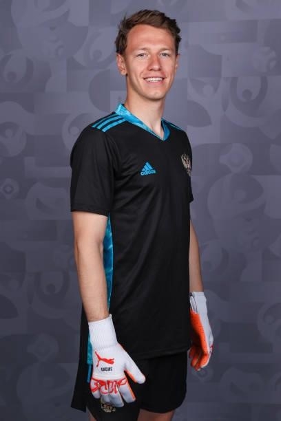 Matvei Safonov of Russia poses during the official UEFA Euro 2020 media access day at The Novogorsk Training Centre on June 08, 2021 in Moscow,...
