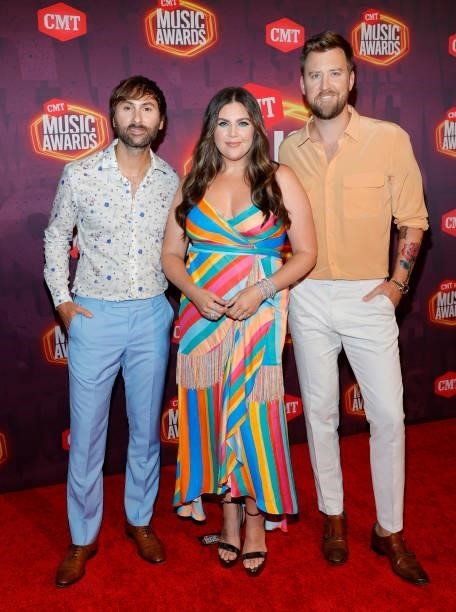Dave Haywood, Hillary Scott and Charles Kelley of musical group Lady A attend the 2021 CMT Music Awards at Bridgestone Arena on June 09, 2021 in...