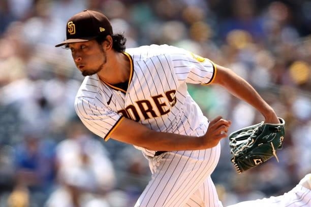 Yu Darvish of the San Diego Padres pitches during the seventh inning of a game against the Chicago Cubs at PETCO Park on June 09, 2021 in San Diego,...