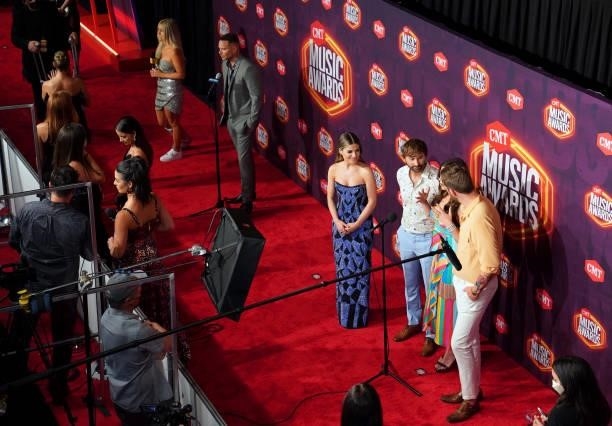 Lindsay Ell, Kane Brown, Tenille Arts, Dave Haywood, Hillary Scott and Charles Kelley of musical group Lady A attend the 2021 CMT Music Awards at...