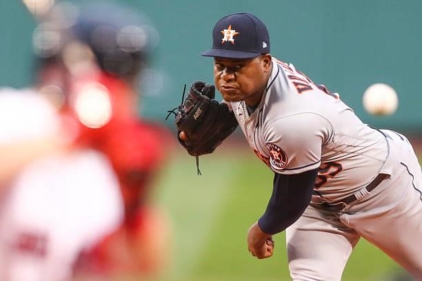 Framber Valdez of the Houston Astros pitches in the first inning of a game against the Boston Red Sox at Fenway Park on June 8, 2021 in Boston,...