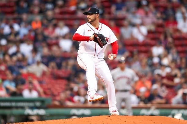 Martin Perez of the Boston Red Sox pitches in the second inning of a game against the Houston Astros at Fenway Park on June 8, 2021 in Boston,...