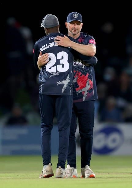 Darren Stevens and Daniel Bell-Drummond of Kent celebrate victory together after the Vitality T20 Blast match between Kent Spitfires and Hampshire...