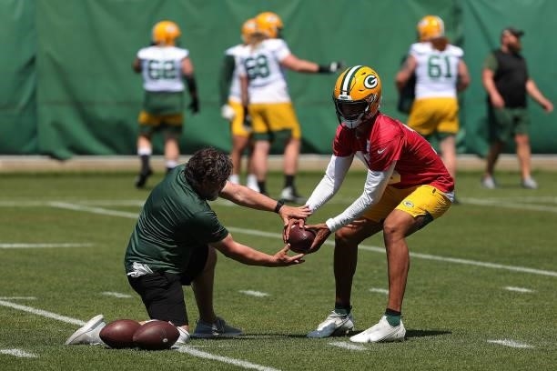 Jordan Love of the Green Bay Packers works out during training camp at Ray Nitschke Field on June 09, 2021 in Ashwaubenon, Wisconsin.