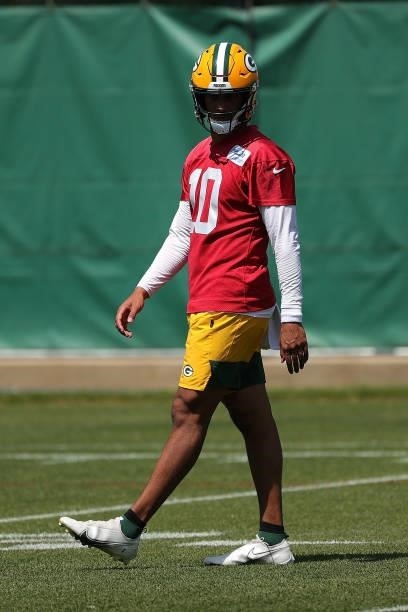 Jordan Love of the Green Bay Packers works out during training camp at Ray Nitschke Field on June 09, 2021 in Ashwaubenon, Wisconsin.