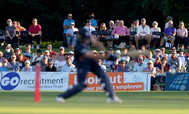 Fans watch the game during the Vitality T20 Blast match between Kent Spitfires and Hampshire Hawks at The Spitfire Ground on June 09, 2021 in...