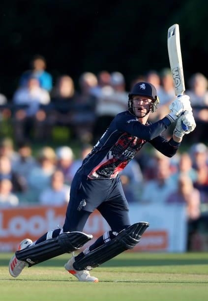 Jordan Cox of Kent bats during the Vitality T20 Blast match between Kent Spitfires and Hampshire Hawks at The Spitfire Ground on June 09, 2021 in...