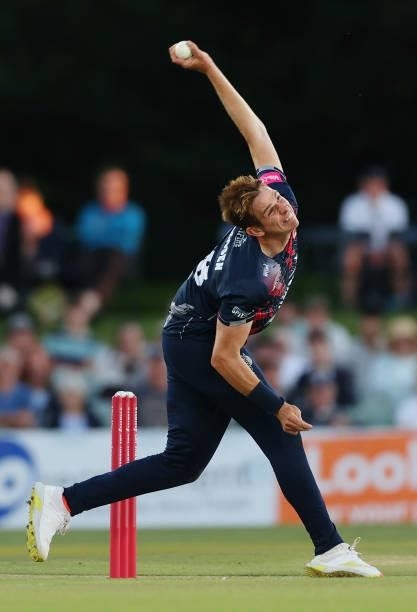 Fred Klaassen of Kent bowls during the Vitality T20 Blast match between Kent Spitfires and Hampshire Hawks at The Spitfire Ground on June 09, 2021 in...