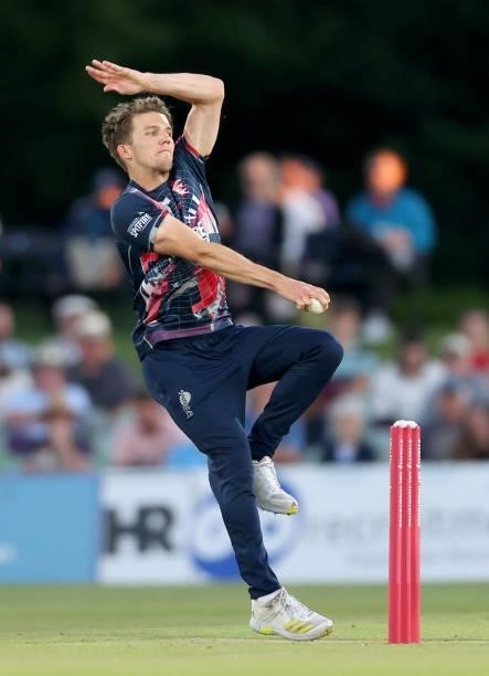 Matt Milnes of Kent bowls during the Vitality T20 Blast match between Kent Spitfires and Hampshire Hawks at The Spitfire Ground on June 09, 2021 in...
