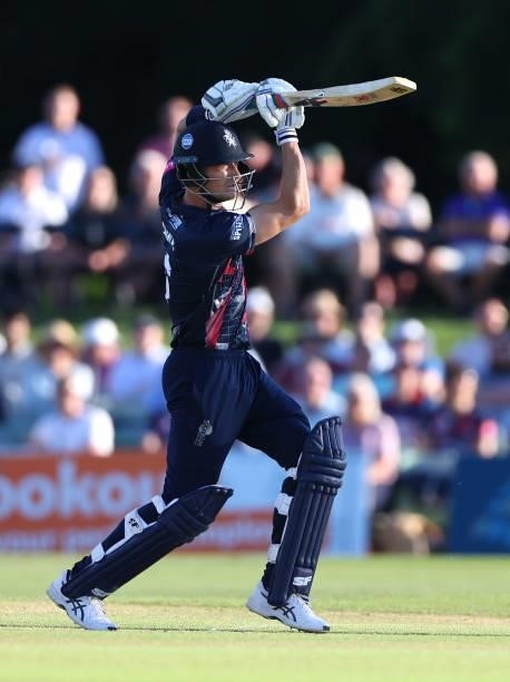 Joe Denly of Kent bats during the Vitality T20 Blast match between Kent Spitfires and Hampshire Hawks at The Spitfire Ground on June 09, 2021 in...