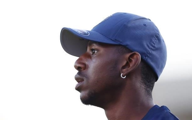 Tawanda Muyeye of Kent looks on during the Vitality T20 Blast match between Kent Spitfires and Hampshire Hawks at The Spitfire Ground on June 09,...