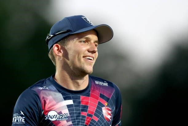 Matt Milnes of Kent reacts during the Vitality T20 Blast match between Kent Spitfires and Hampshire Hawks at The Spitfire Ground on June 09, 2021 in...