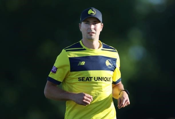 James Fuller of Hampshire Hawks looks on during the Vitality T20 Blast match between Kent Spitfires and Hampshire Hawks at The Spitfire Ground on...