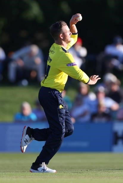 Arcy Short of Hampshire Hawks bowls during the Vitality T20 Blast match between Kent Spitfires and Hampshire Hawks at The Spitfire Ground on June 09,...
