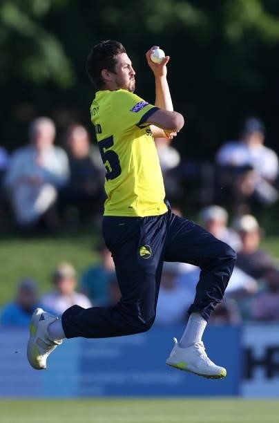 Chris Wood of Hampshire Hawks bowls during the Vitality T20 Blast match between Kent Spitfires and Hampshire Hawks at The Spitfire Ground on June 09,...