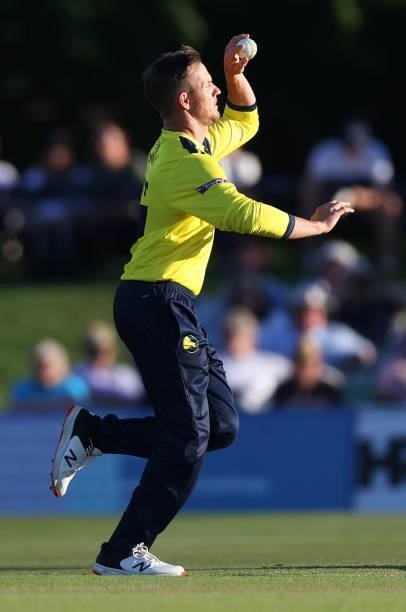 Arcy Short of Hampshire Hawks bowls during the Vitality T20 Blast match between Kent Spitfires and Hampshire Hawks at The Spitfire Ground on June 09,...